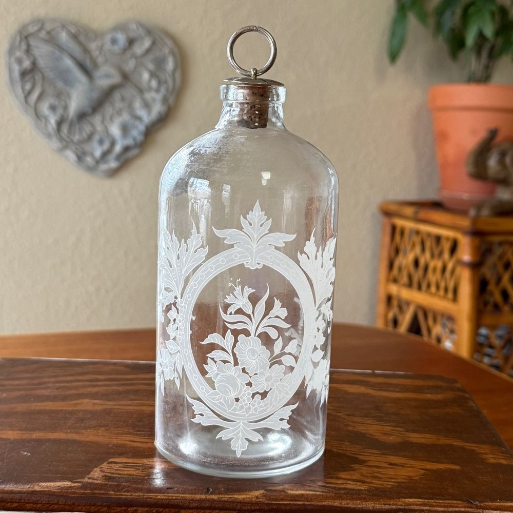 Vintage Clear Apothecary Glass Bottle Etched White Floral Design Cork Stopper